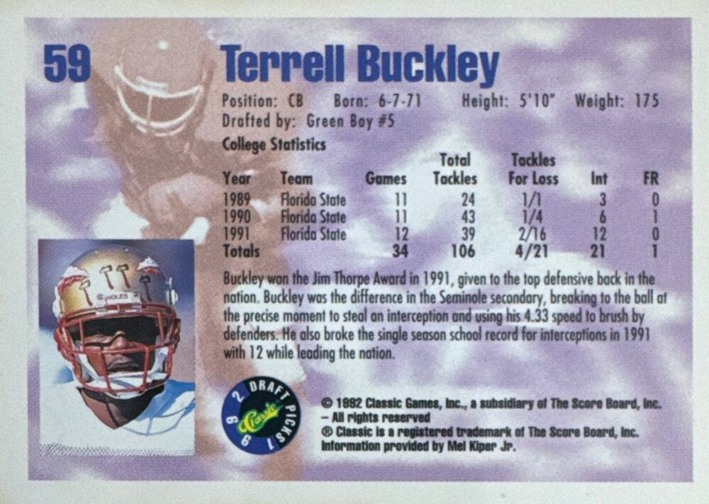 1992 Classic Draft Picks Terrell Buckley Football Card #59