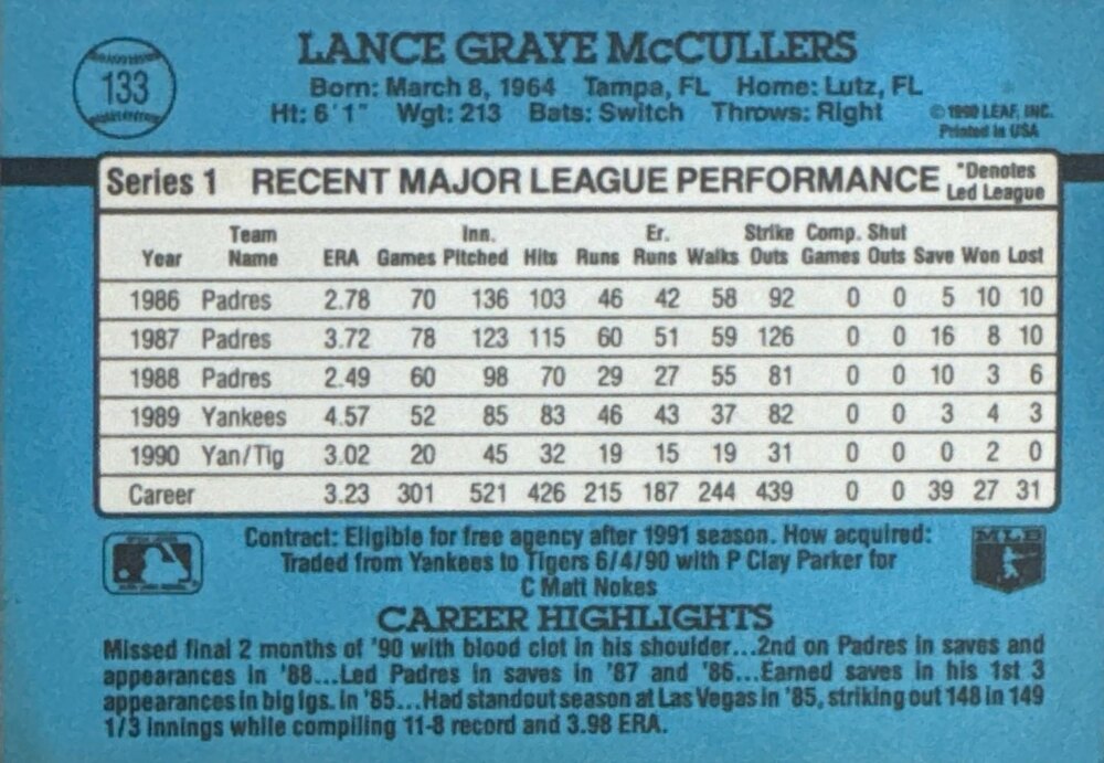 1991 Donruss Lance Graye McCullers Baseball Card #133