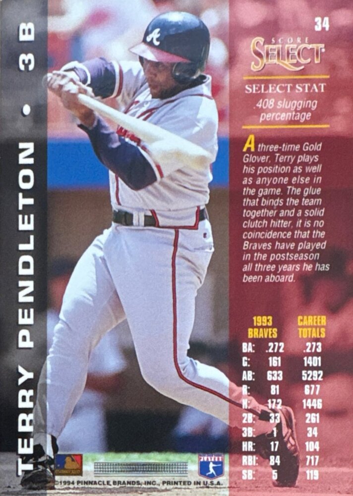 1994 Score Select Terry Pendleton Baseball Card #34