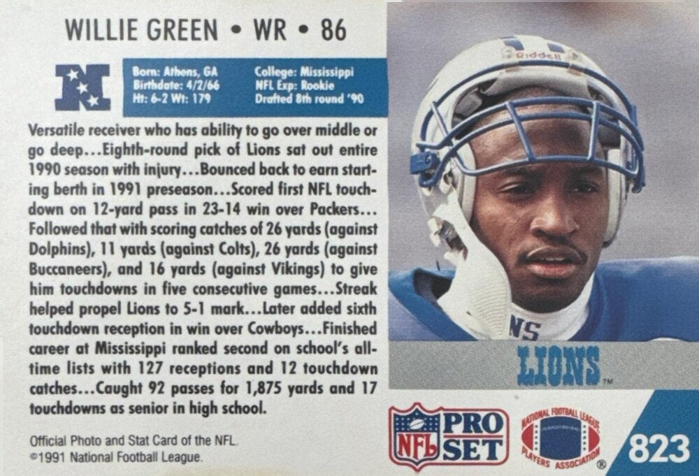 1991 NFL Pro Set Willie Green Football Card #823