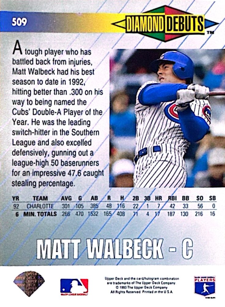 1993 Upper Deck Diamond Debuts Matt Walbeck Baseball Card #509