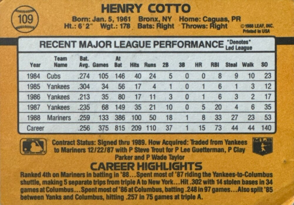 1989 Donruss Henry Cotto Baseball Card #109