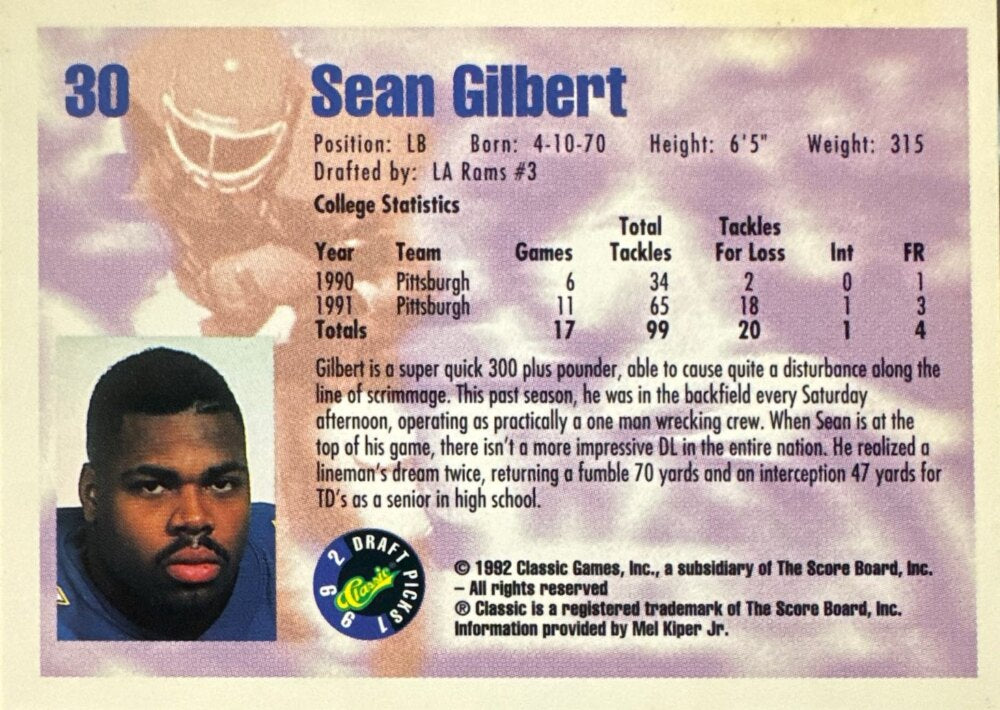 1992 Classic Draft Picks Sean Gilbert Football Card #30