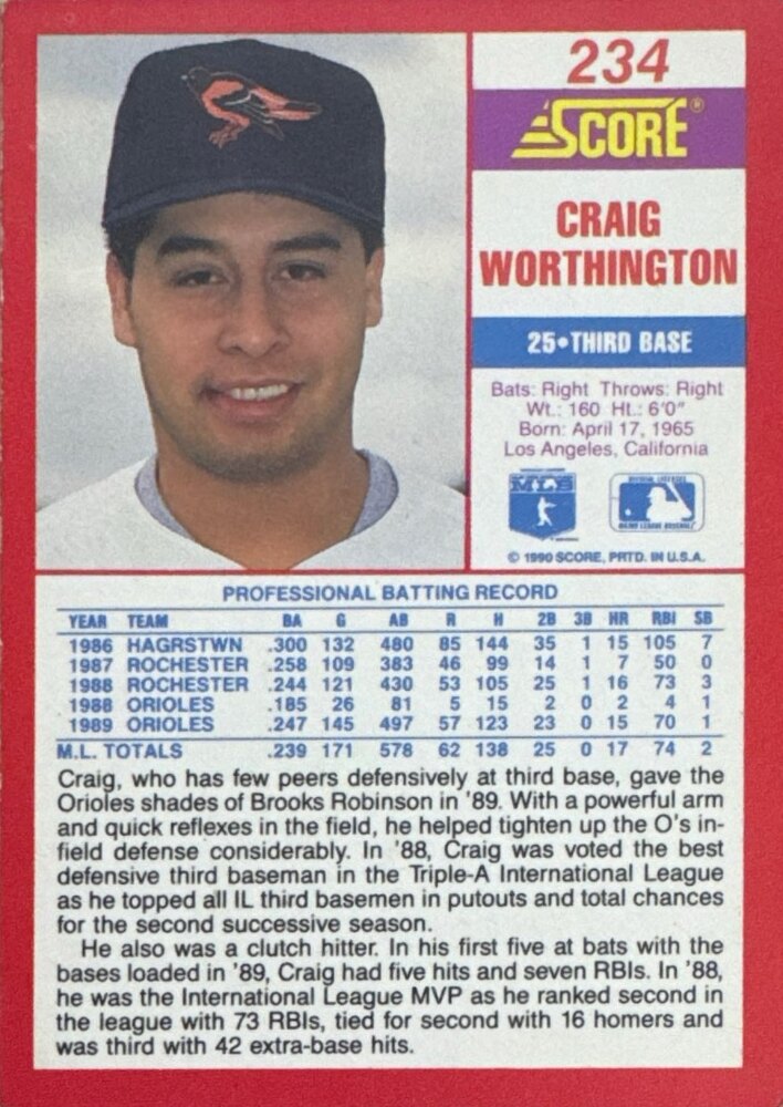 1990 Score Craig Worthington Baseball Card #234