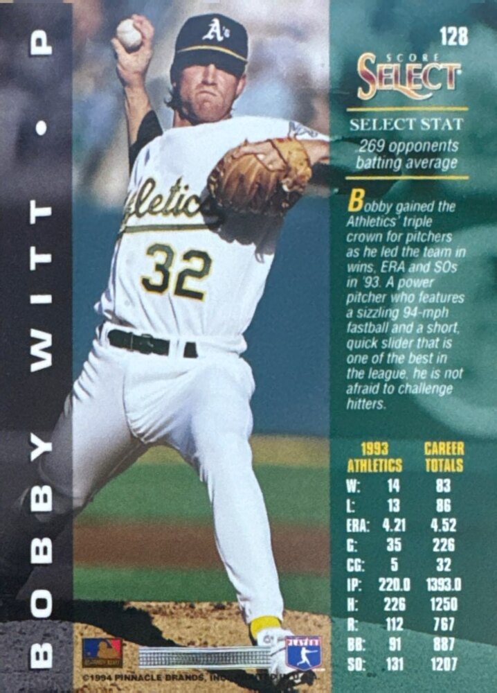 1994 Score Select Bobby Witt Baseball Card #128