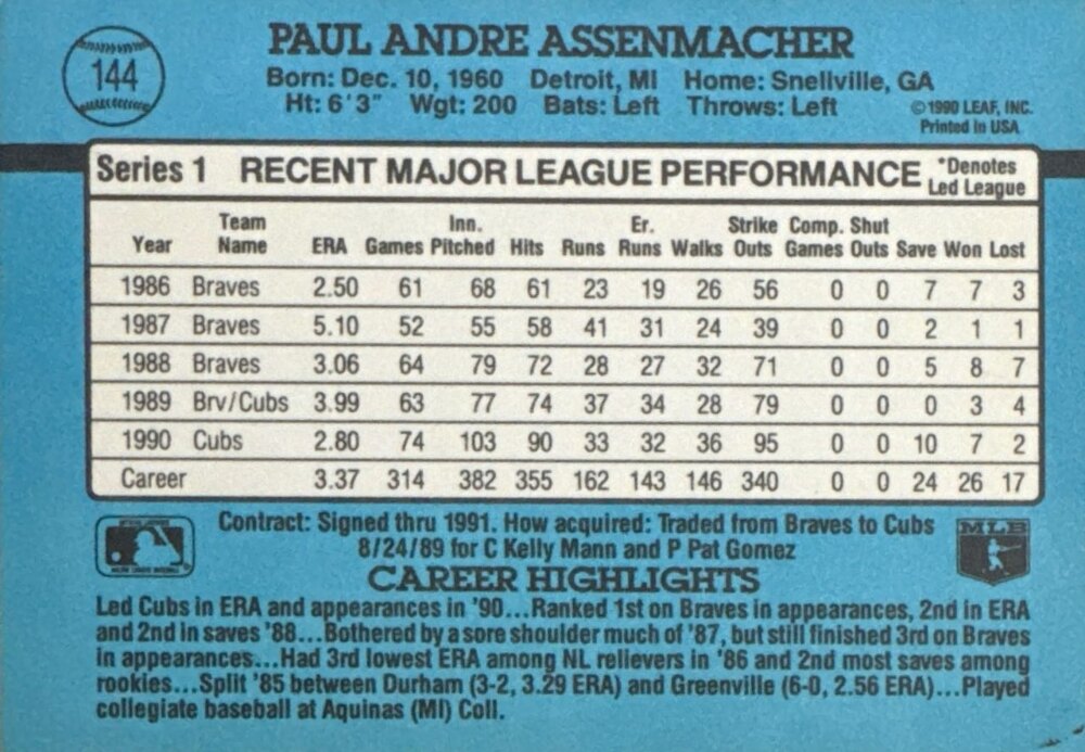 1991 Donruss Paul Andre Assenmacher Baseball Card #144