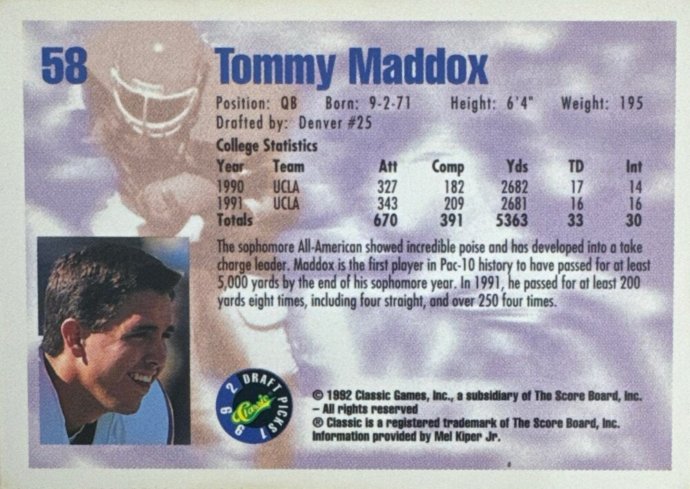 1992 Classic Draft Picks Tommy Maddox Football Card #58