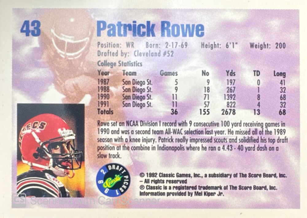 1992 Classic Draft Picks Patrick Rowe Football Card #43