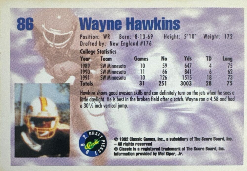 1992 Classic Draft Picks Wayne Hawkins Football Card #86