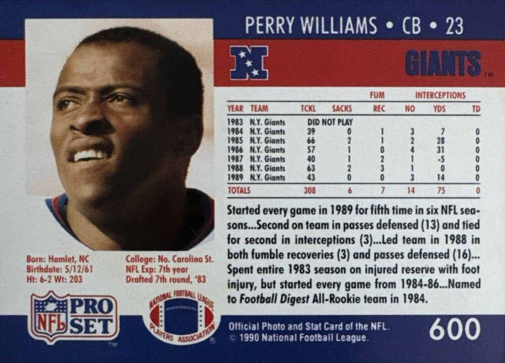 1990 NFL Pro Set Perry Williams Football Card #600