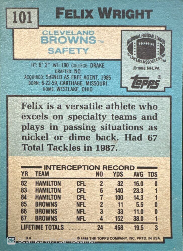 1988 Topps Felix Wright Football Card #101