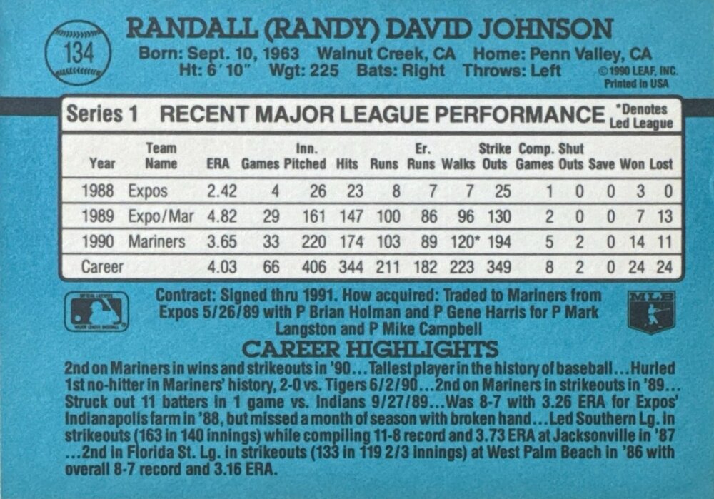 1991 Donruss Randall (Randy) David Johnson Baseball Card #134