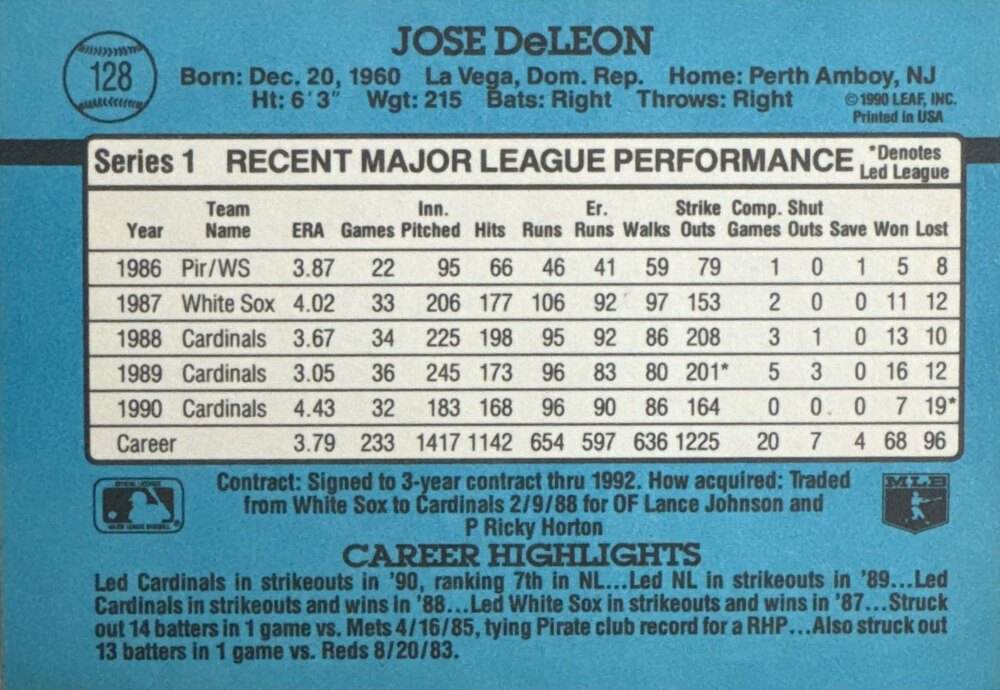 1991 Donruss Jose DeLeon Baseball Card #128