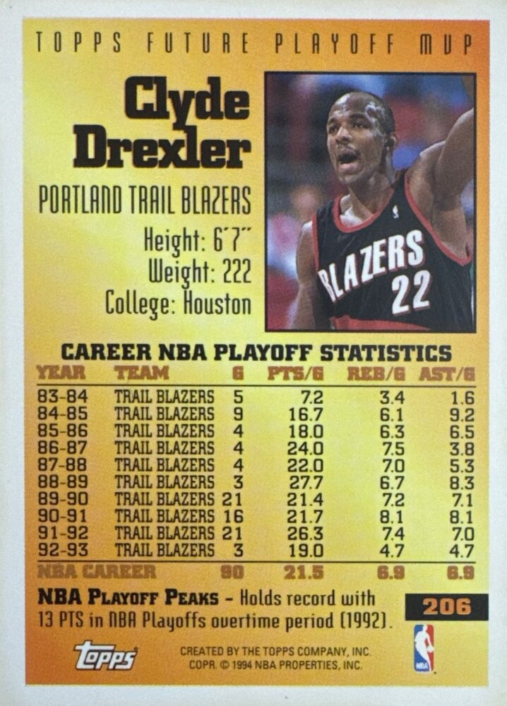 1994 Topps Future Playoff MVP Clyde Drexler Basketball Card #206