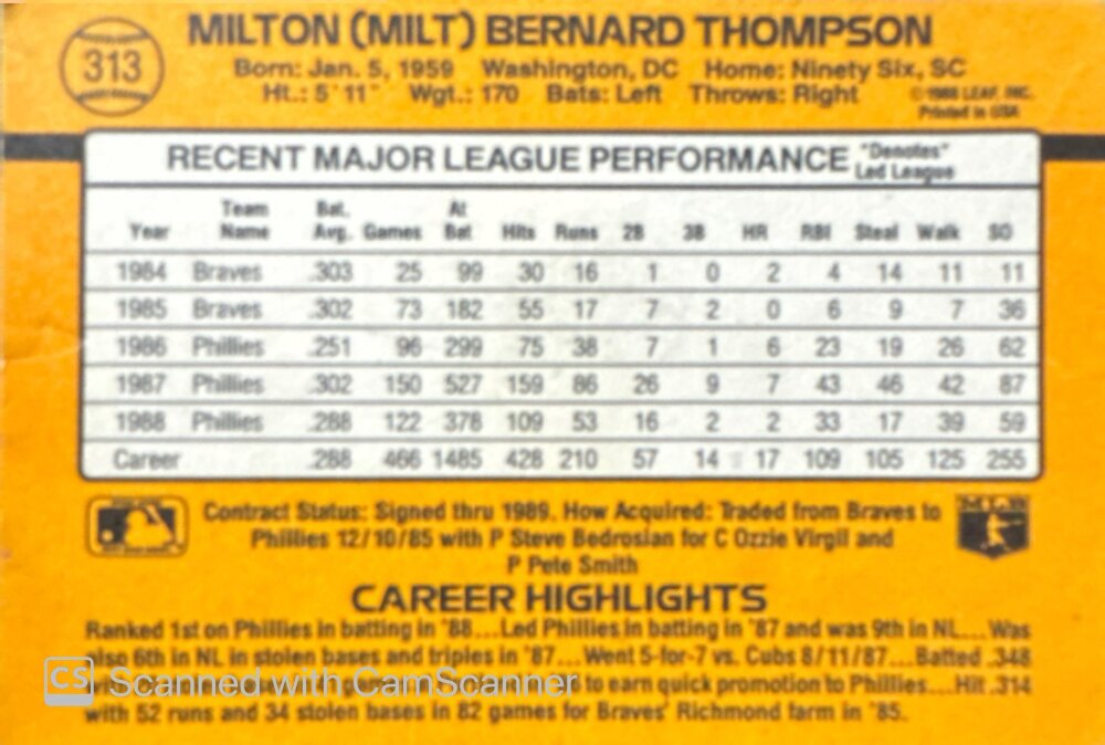 1989 Donruss Milton (Milt) Bernard Thompson Baseball Card #313