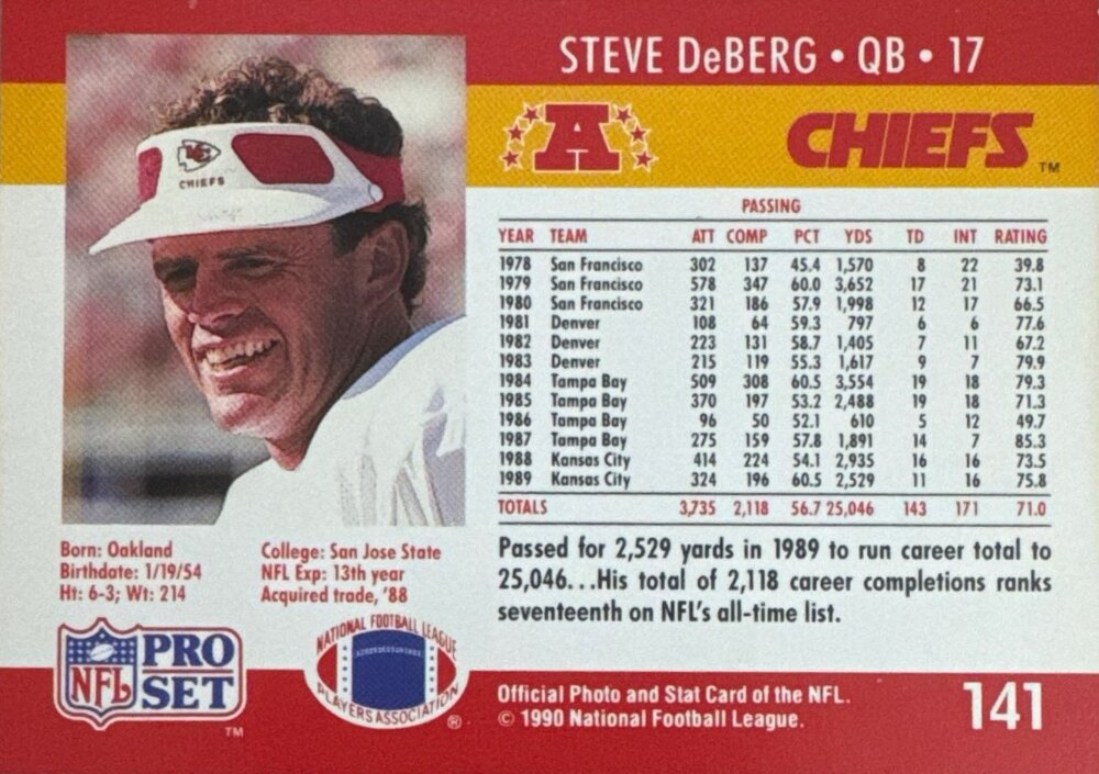 1990 NFL Pro Set Steve DeBerg Football Card #141