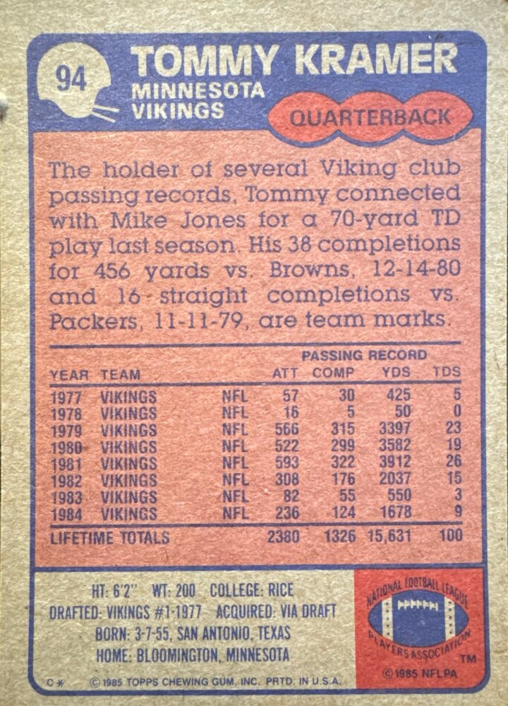 1985 Topps Tommy Kramer Football Card #94