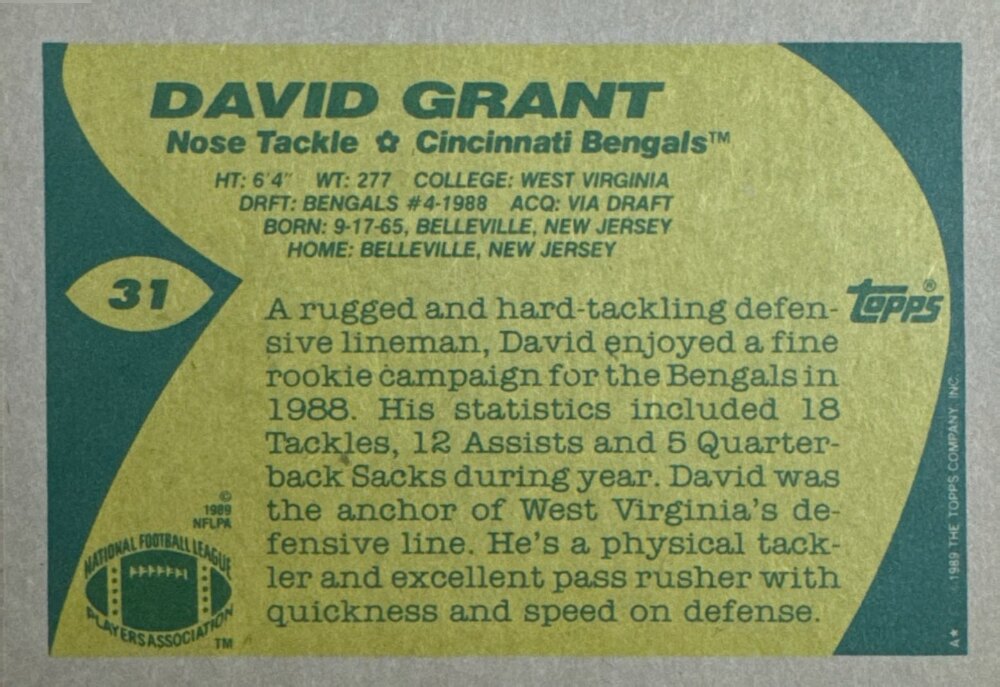 1989 Topps David Grant Football Card #31