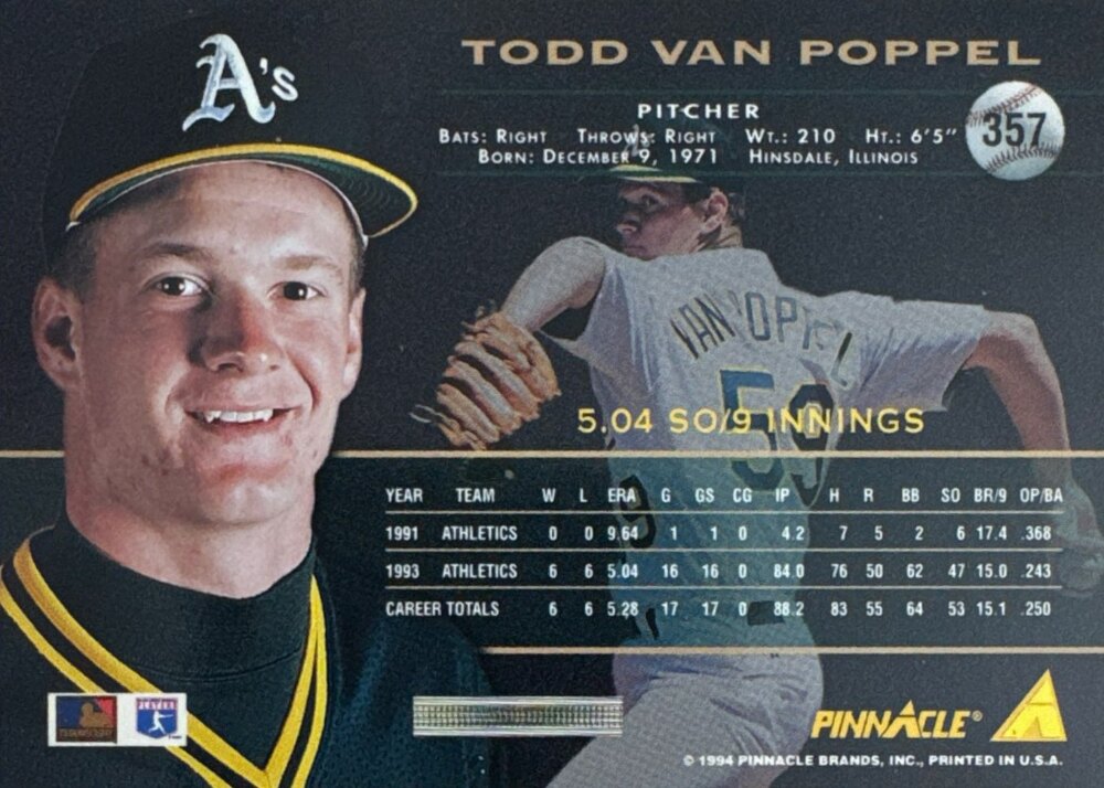 1994 Pinnacle Todd Van Poppel Baseball Card #357