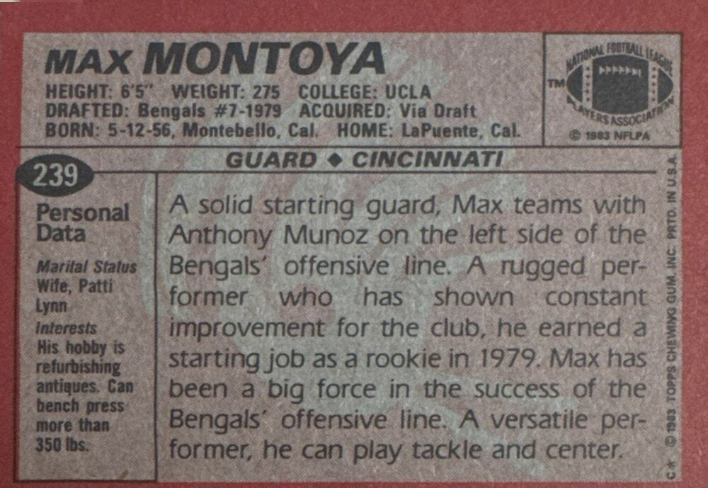 1983 Topps Max Montoya Football Card #239