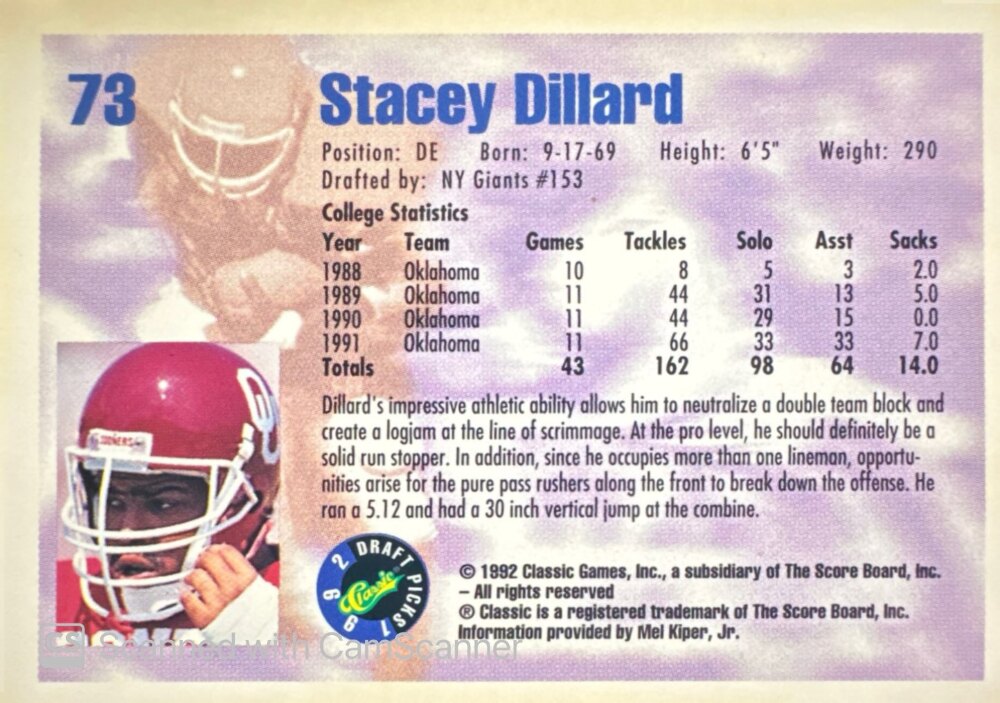 1992 Classic Draft Picks Stacey Dillard Football Card #73