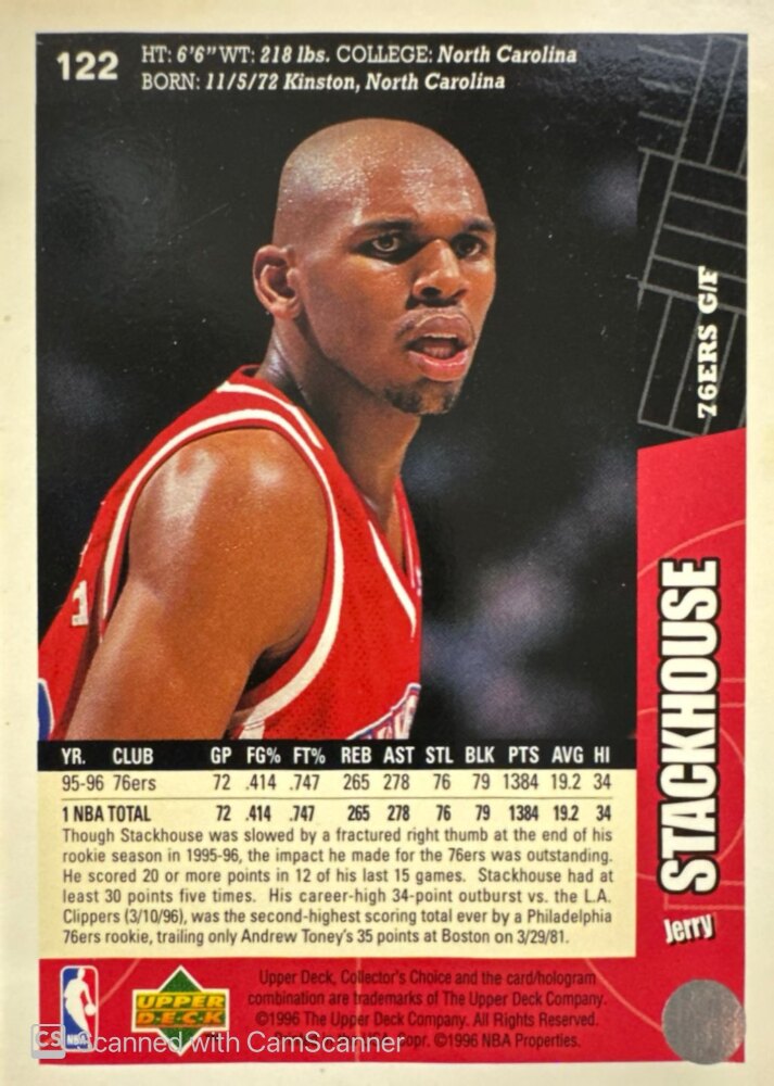 1996 Upper Deck Collectors Choice Jerry Stackhouse Basketball Card #122