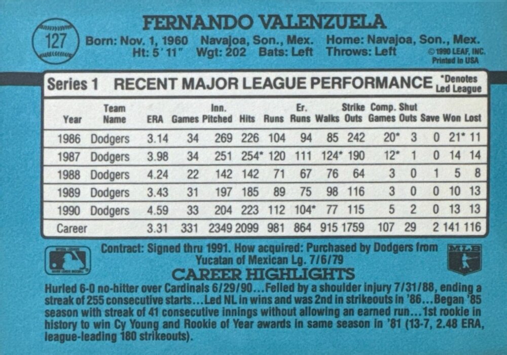 1991 Donruss Fernando Valenzuela Baseball Card #127