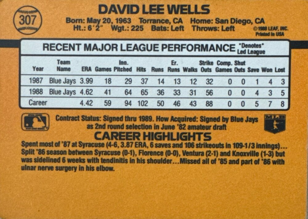 1989 Donruss David Lee Wells Baseball Card #307