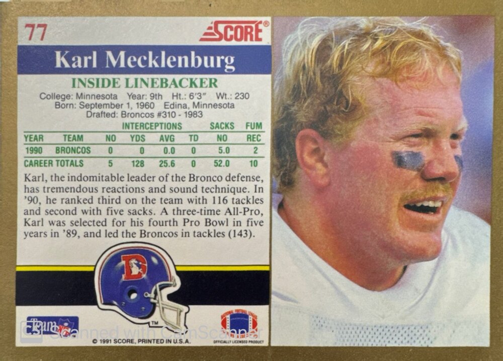 1991 Score Karl Mecklenburg Football Card #77