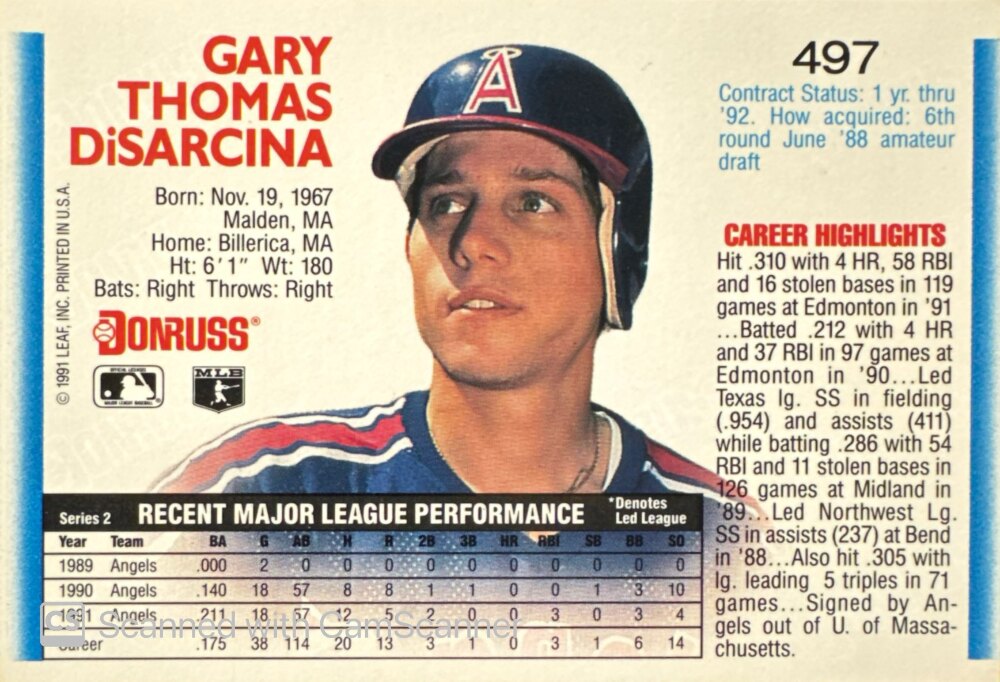 1992 Donruss Gary Thomas DiSarcina Baseball Card #497