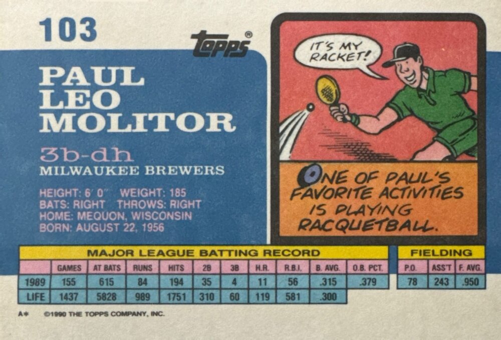 1990 Topps Paul Leo Molitor Baseball Card #103