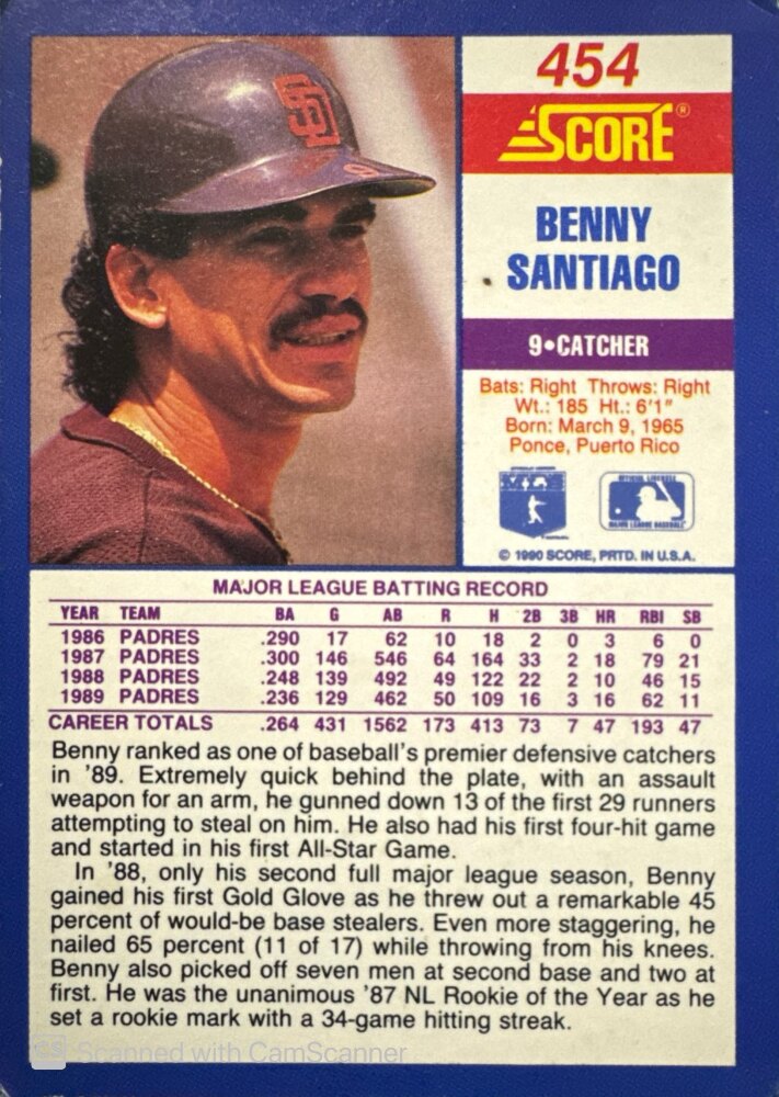 1990 Score Benny Santiago Baseball Card #454