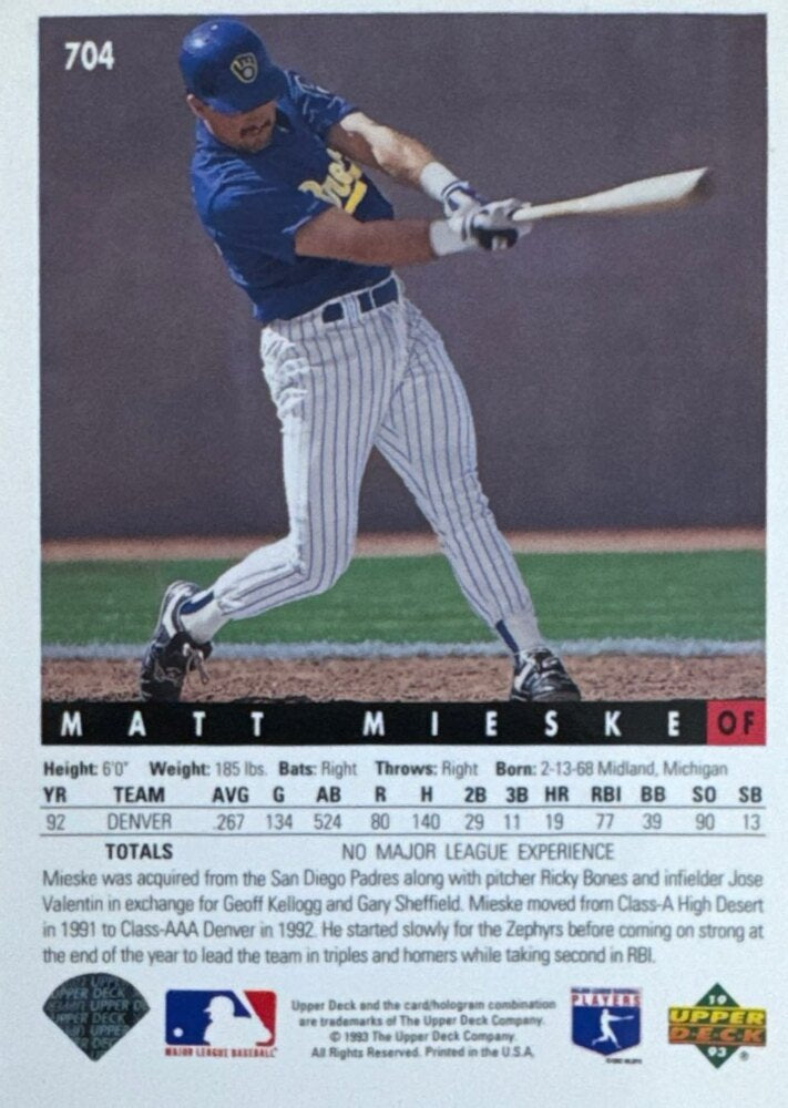 1993 Upper Deck Matt Mieske Baseball Card #704