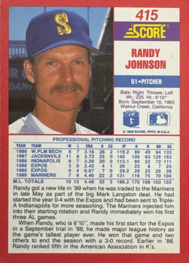 1990 Score Randy Johnson Baseball Card #415