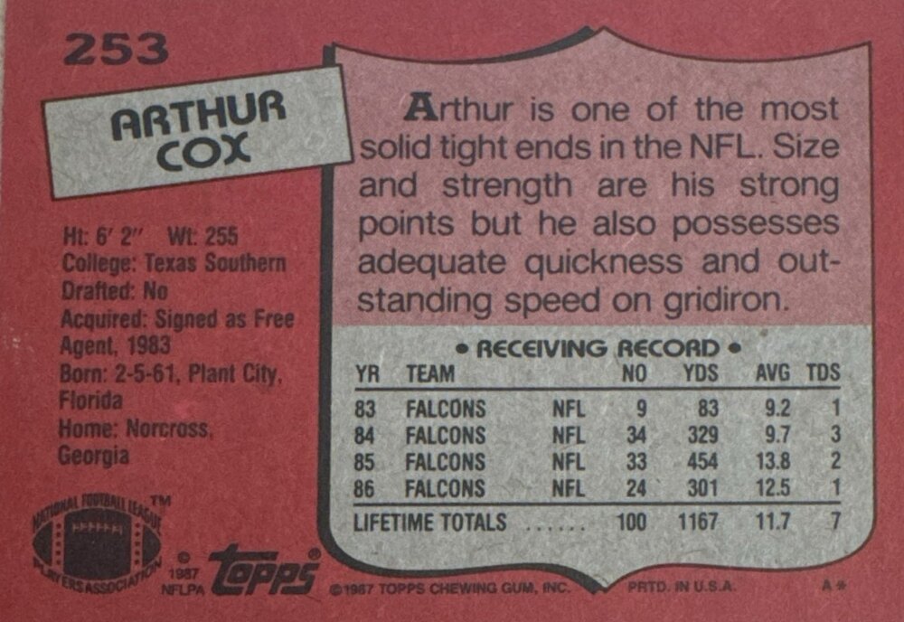 1987 Topps Arthur Cox Football Card #253