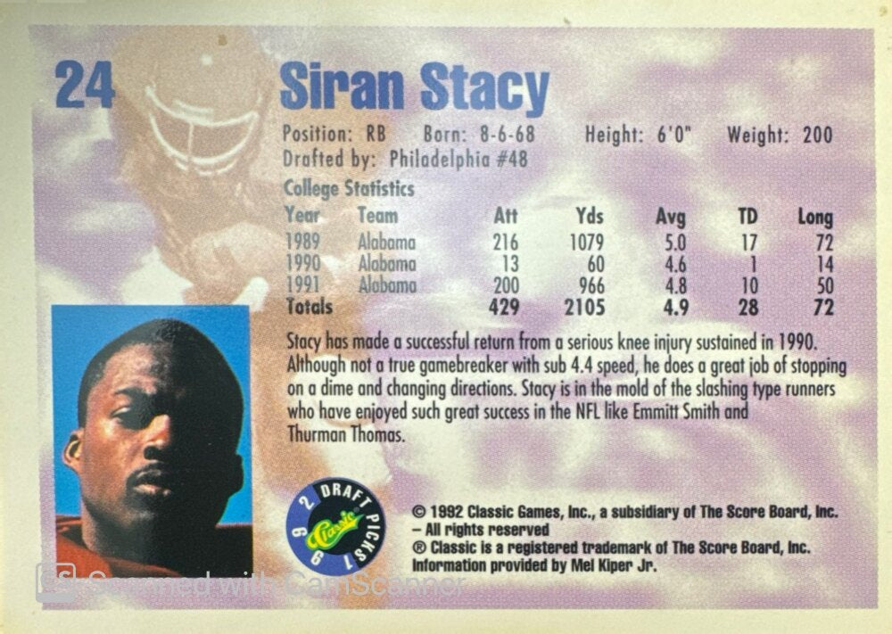 1992 Classic Draft Picks Siran Stacy Football Card #24