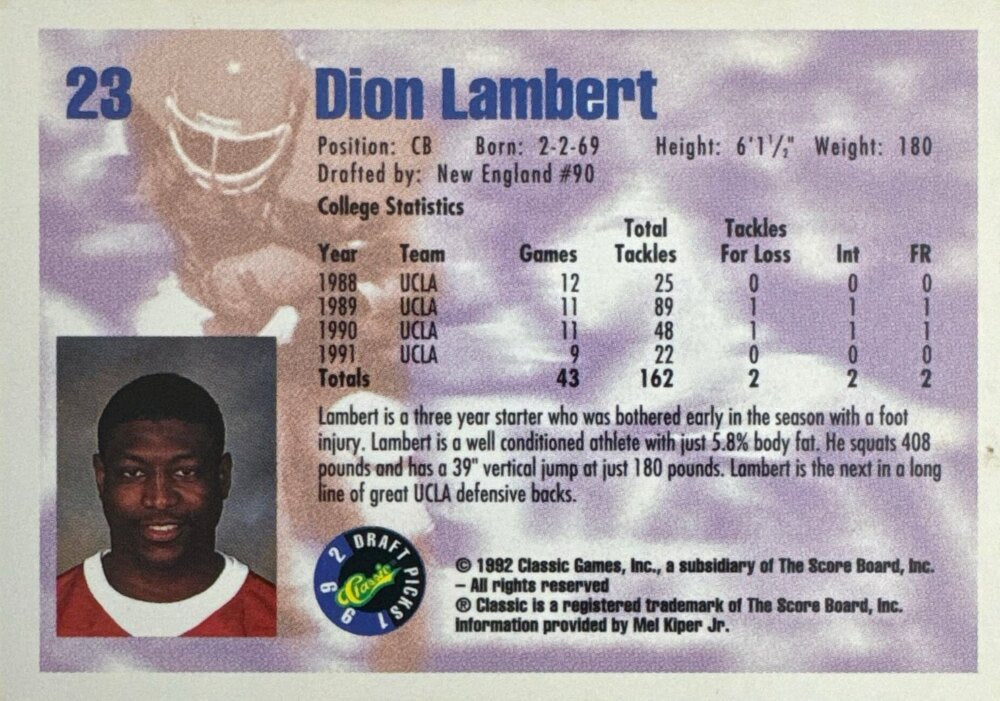 1992 Classic Draft Picks Dion Lambert Football Card #23