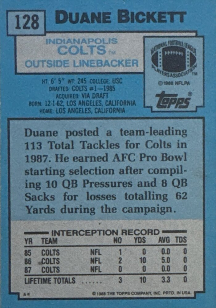 1988 Topps Duane Bickett Football Card #128