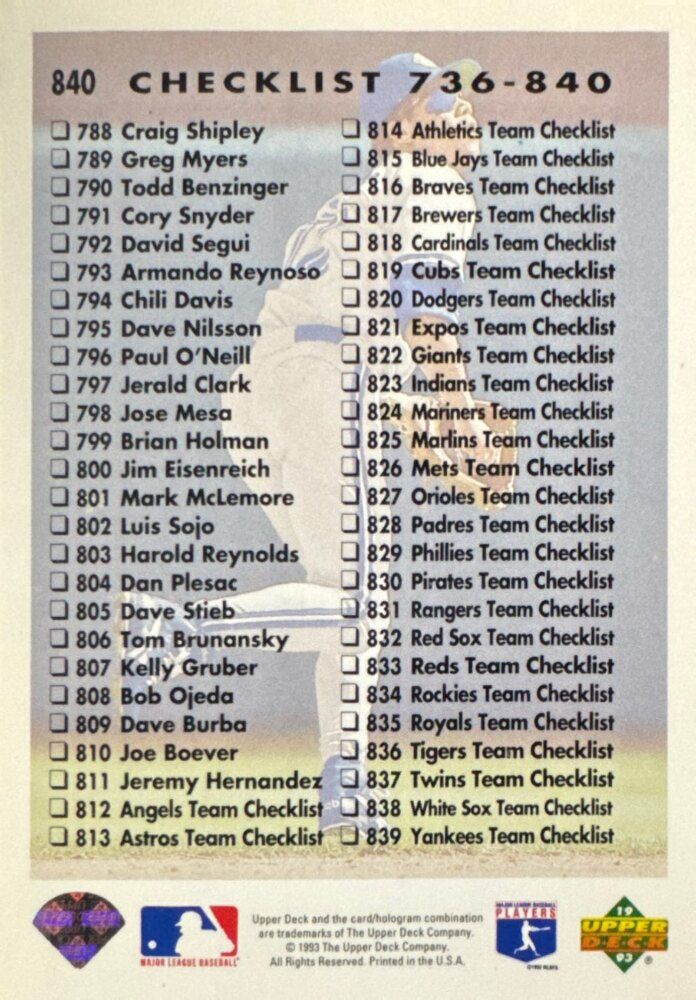 1993 Upper Deck Roberto Alomar Checklist 736-840 Baseball Card #840