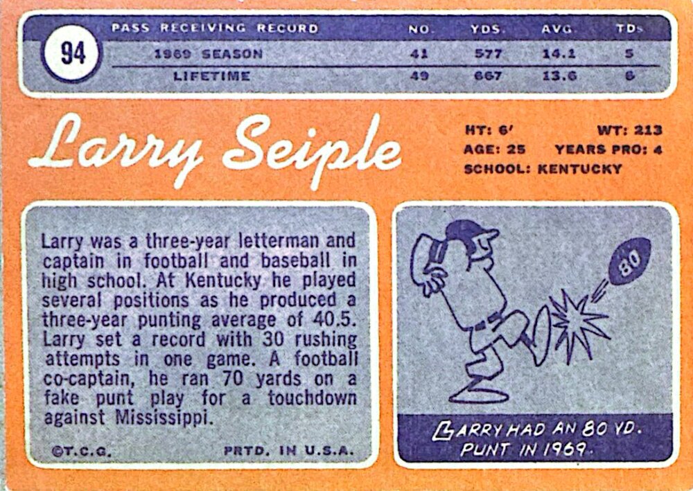 1969 Topps Larry Seiple Football Card #94