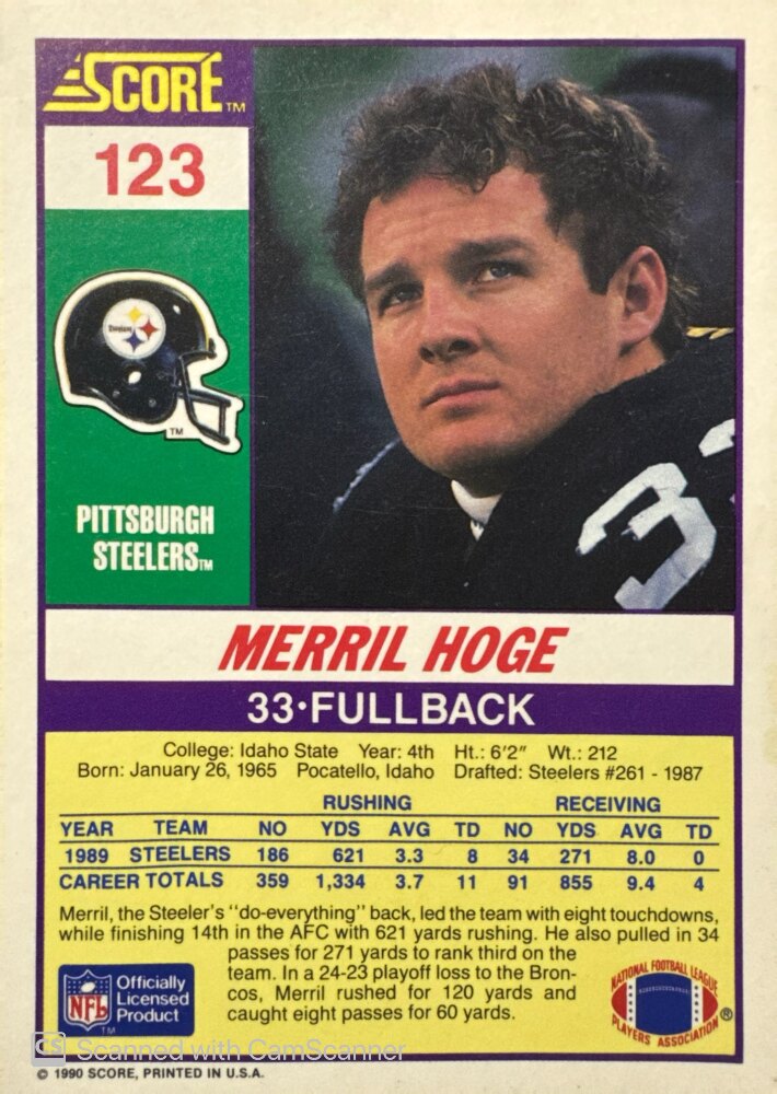 1990 Score Merril Hoge Football Card #123