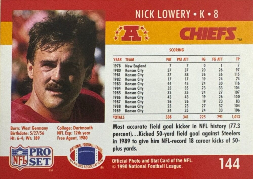 1990 NFL Pro Set Nick Lowery Football Card #144