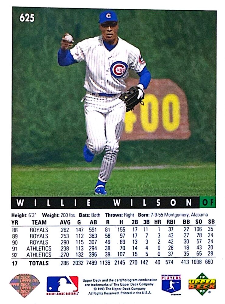 1993 Upper Deck Willie Wilson Baseball Card #625