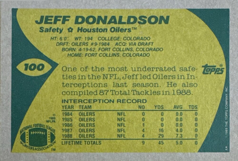 1989 Topps Jeff Donaldson Football Card #100