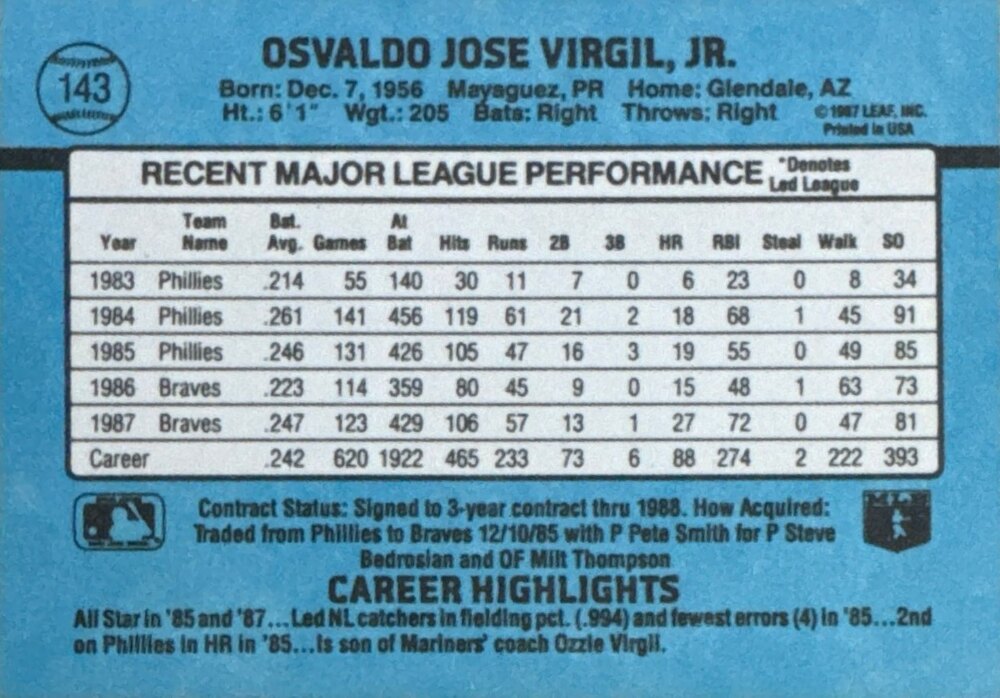 1988 Donruss Osvaldo Jose Virgil Jr. Baseball Card #143