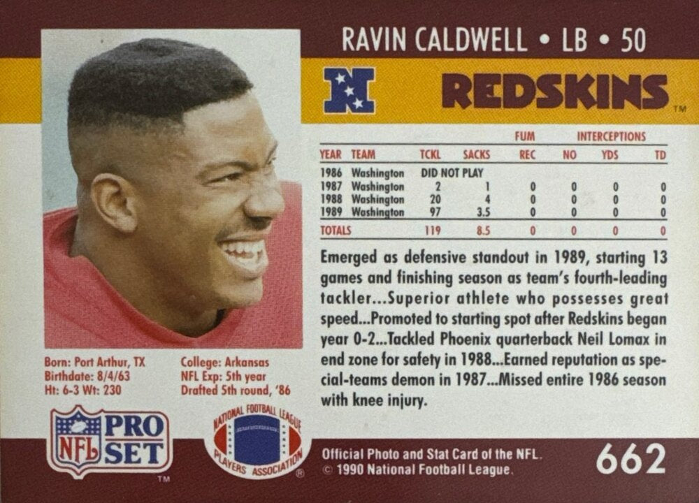 1990 NFL Pro Set Ravin Caldwell Football Card #662