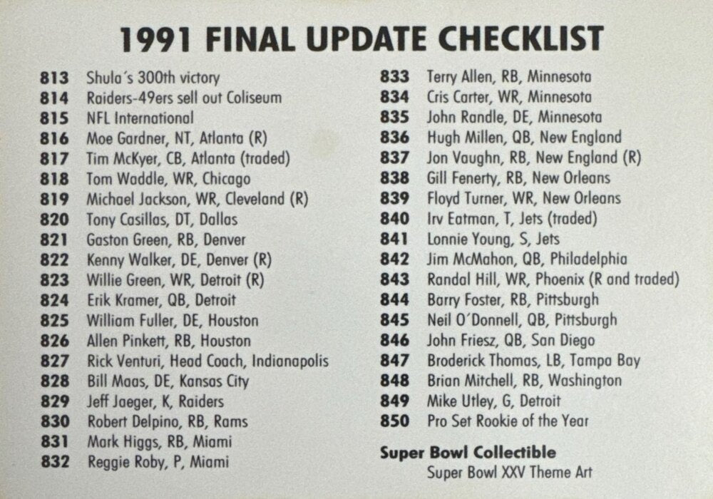 1991 Final Update Checklist Baseball Card #092801902034