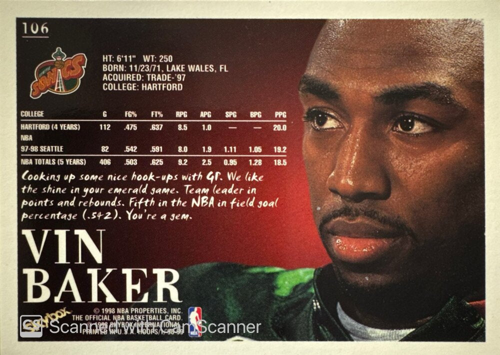 1998 Skybox Vin Baker Basketball Card #106