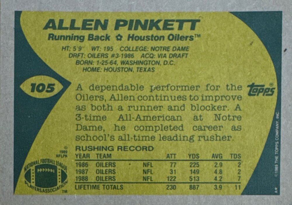 1989 Topps Allen Pinkett Football Card #105