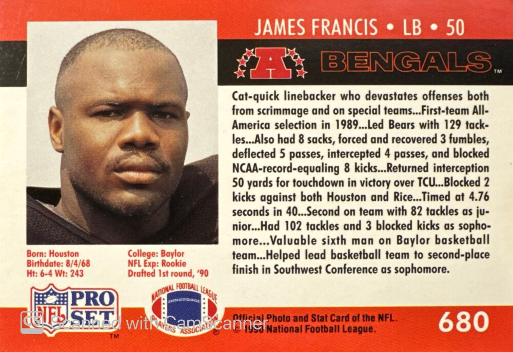 1990 NFL Pro Set James Francis Baseball Card #680